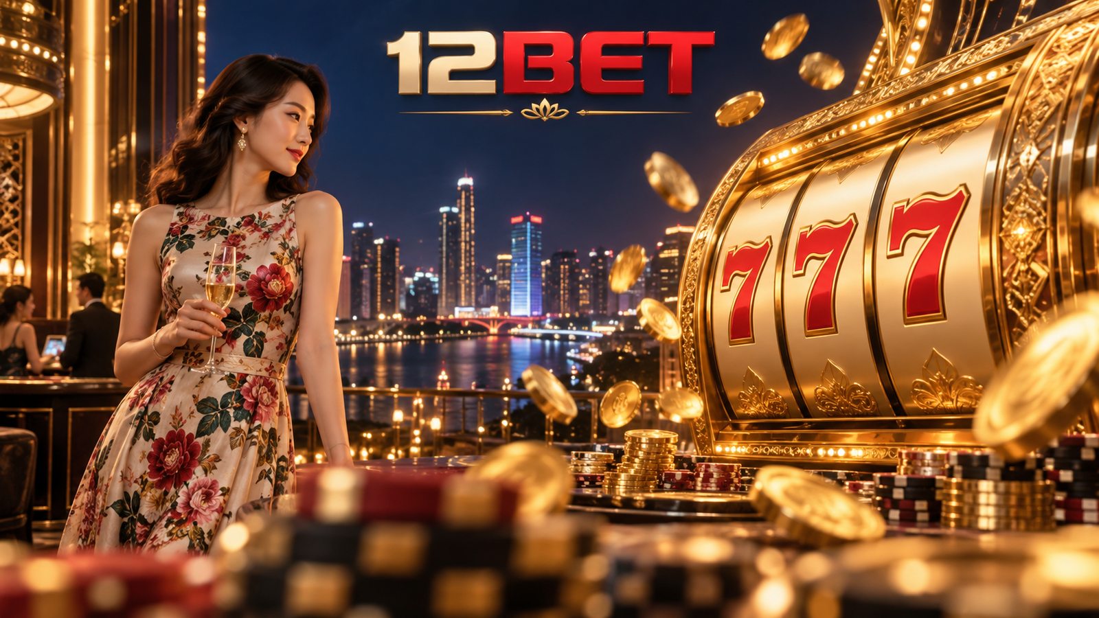 Người mẫu trưởng thành bên máy trò chơi vàng và ánh đèn thành phố tại 12BET