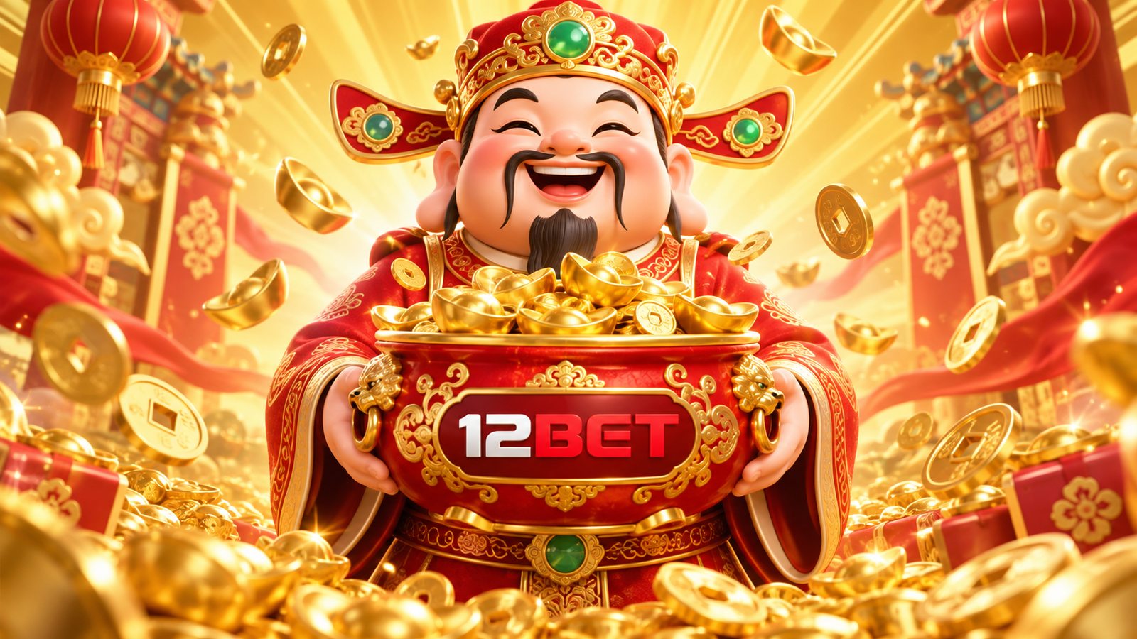 Nhân vật Thần Tài cùng thỏi vàng và biểu tượng 12BET